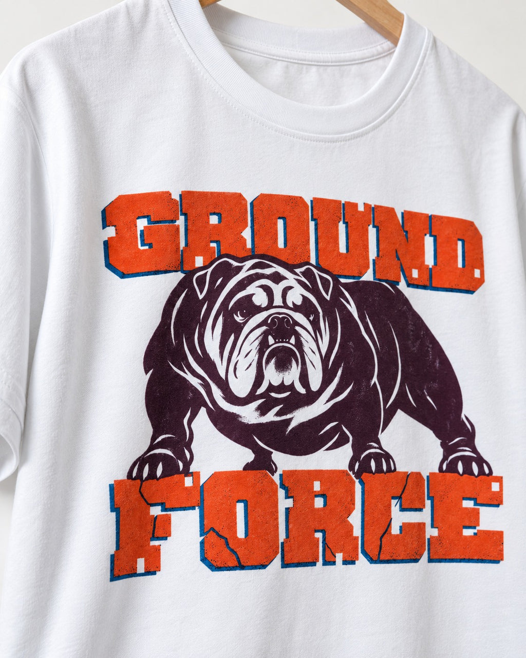 Ground Force English Bulldog T-Shirt in White, close-up of the graphic