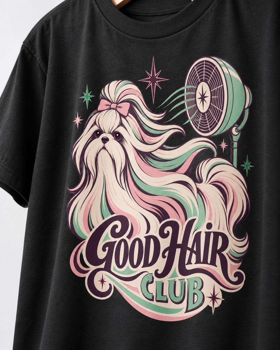 Shih Tzu Good Hair Club Salon Fan Graphic T-Shirt in Black, close-up of the graphic