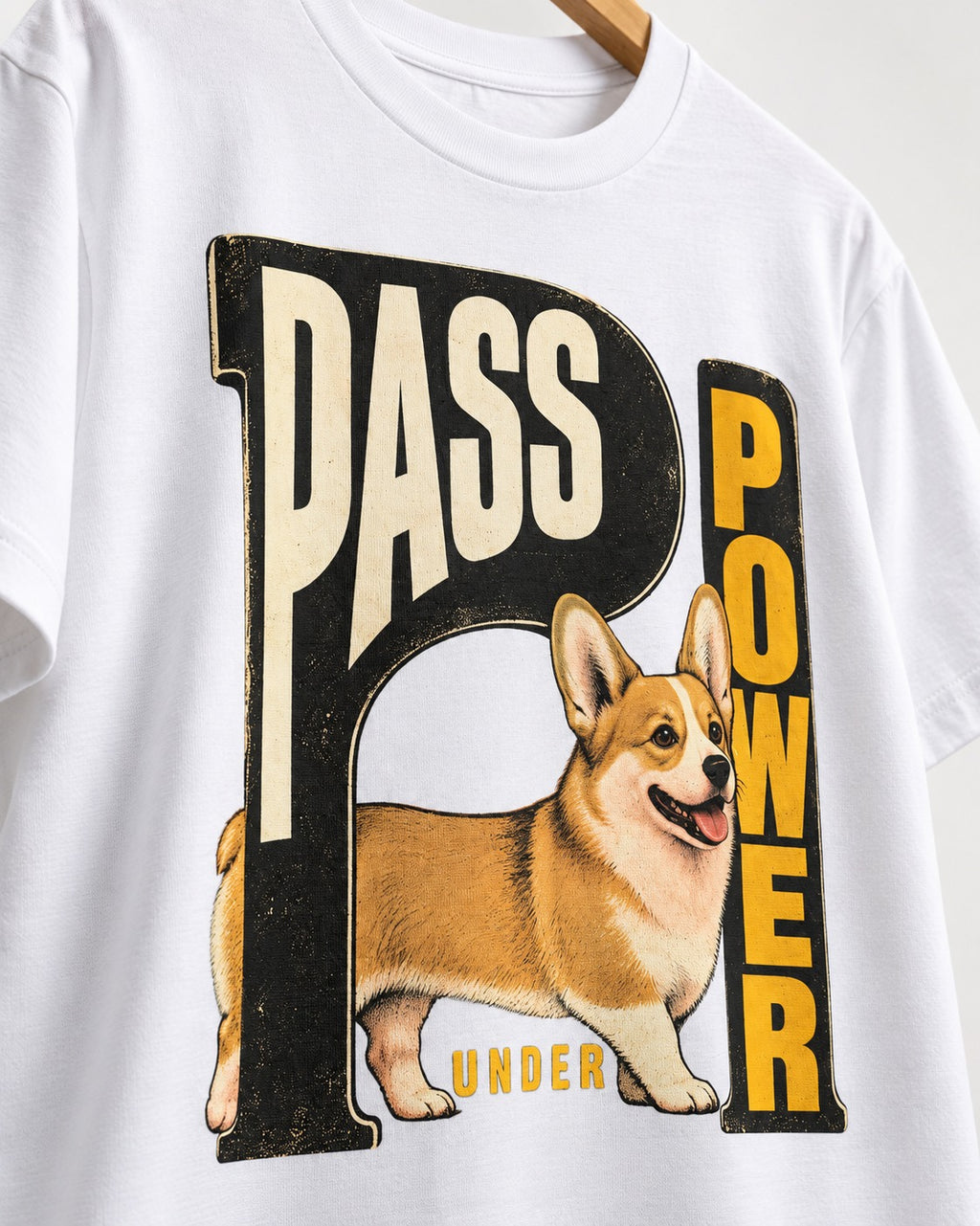 Corgi Power T-Shirt in White, close-up of the graphic