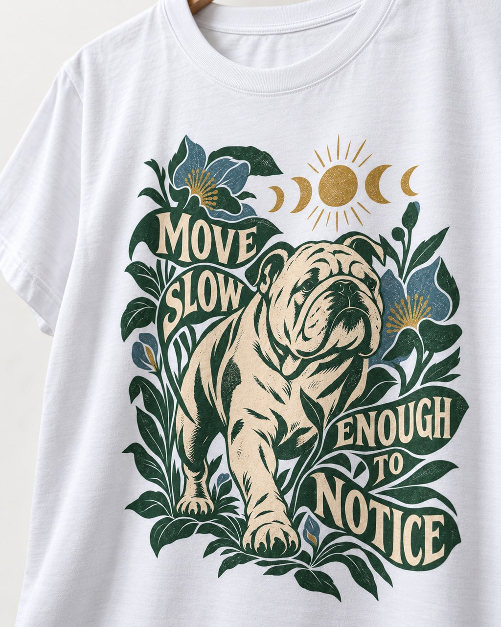 Move Slow English Bulldog T-Shirt in White, close-up of the graphic