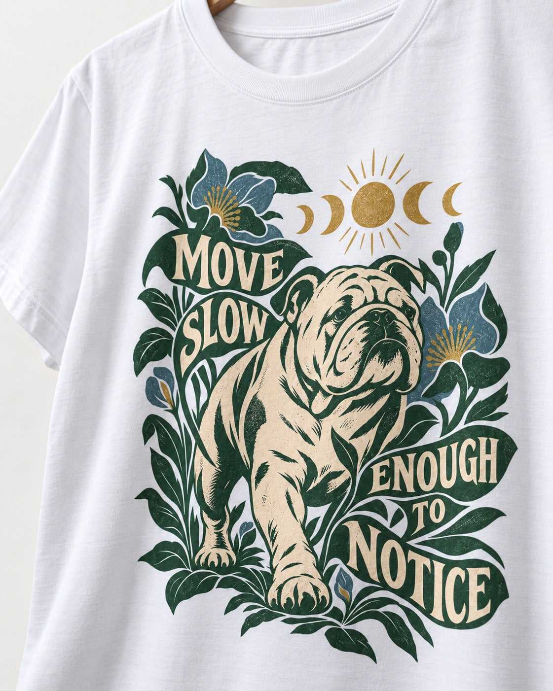Move Slow English Bulldog T-Shirt in White, close-up of the graphic