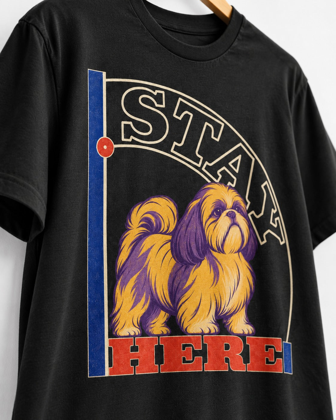 Shih Tzu Stay Here Semicircle Sign Graphic T-Shirt in Black, close-up of the graphic