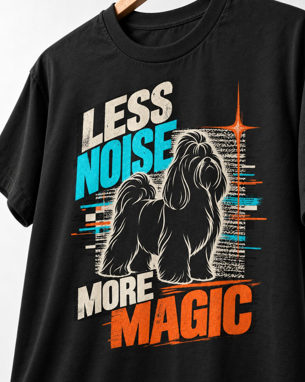 Shih Tzu Less Noise More Magic Pop Art Graphic T-Shirt in Black, close-up of the graphic