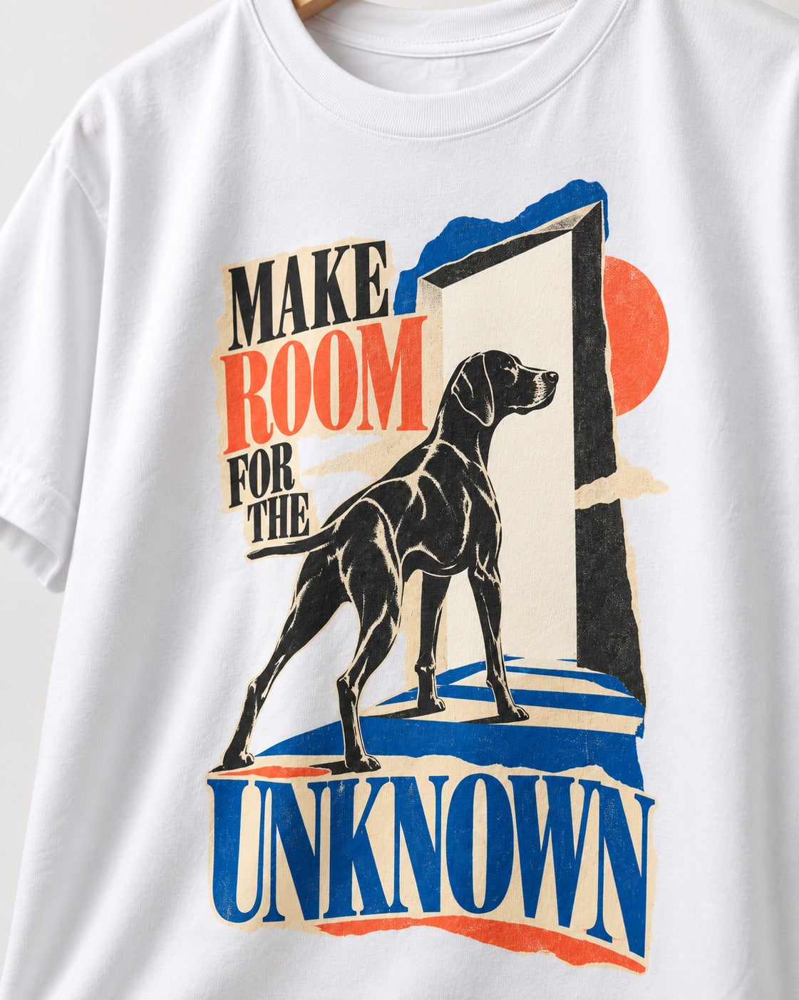 German Shorthaired Pointer Room for the Unknown T-Shirt in White, close-up of the graphic