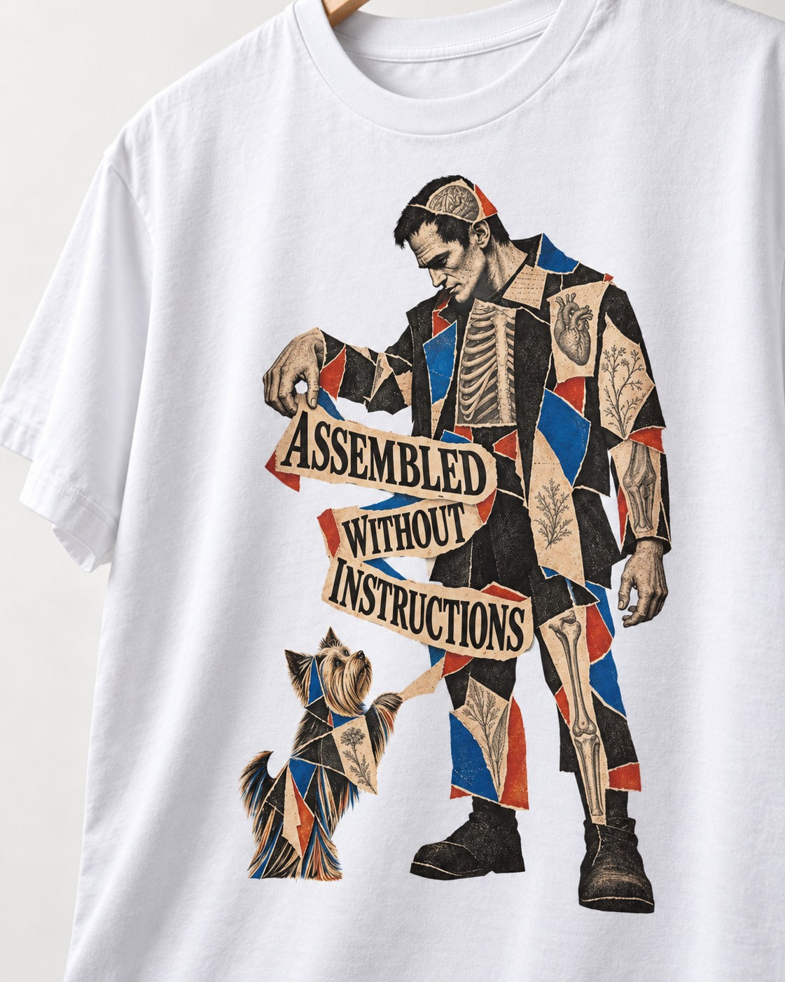Yorkshire Terrier Assembled Without Instructions T-Shirt in White, close-up of the graphic
