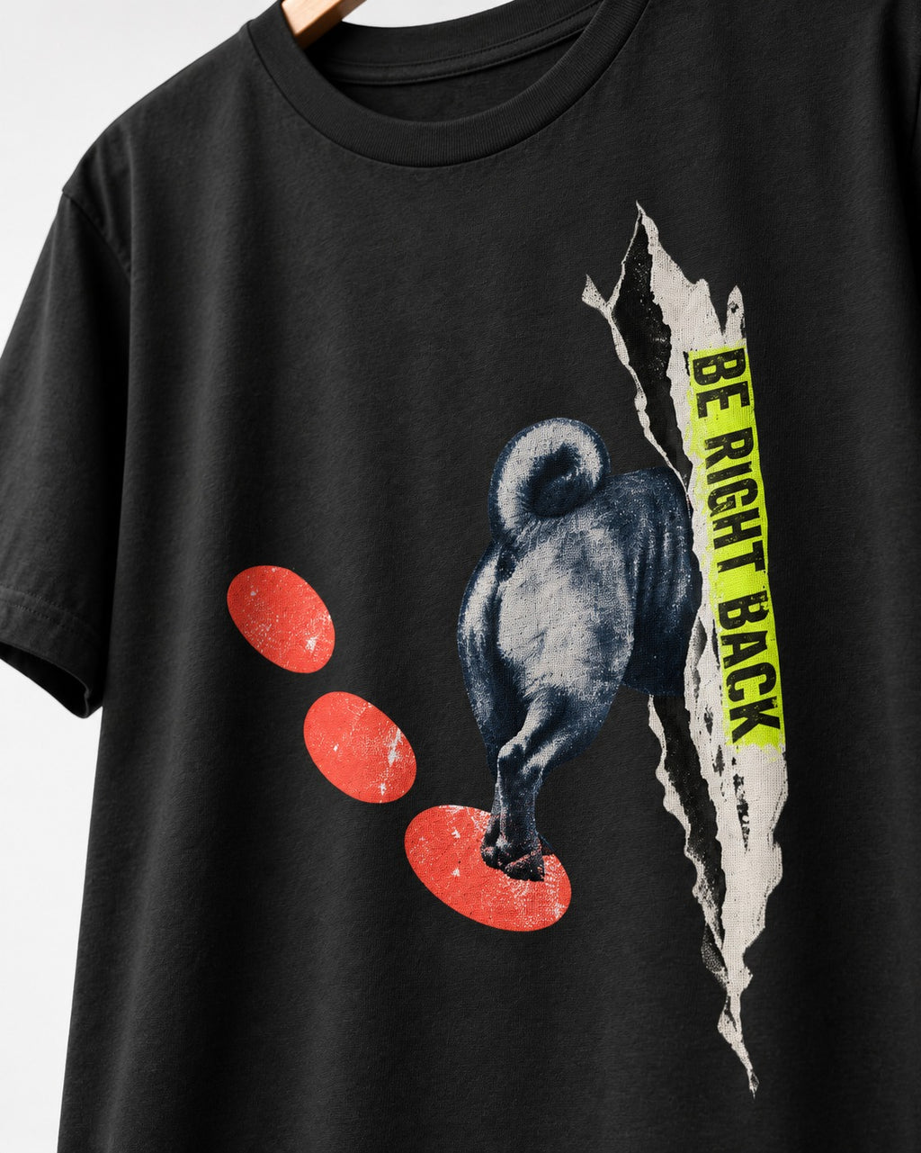 Pug Be Right Back Torn Portal Graphic T-Shirt in Black, close-up of the graphic