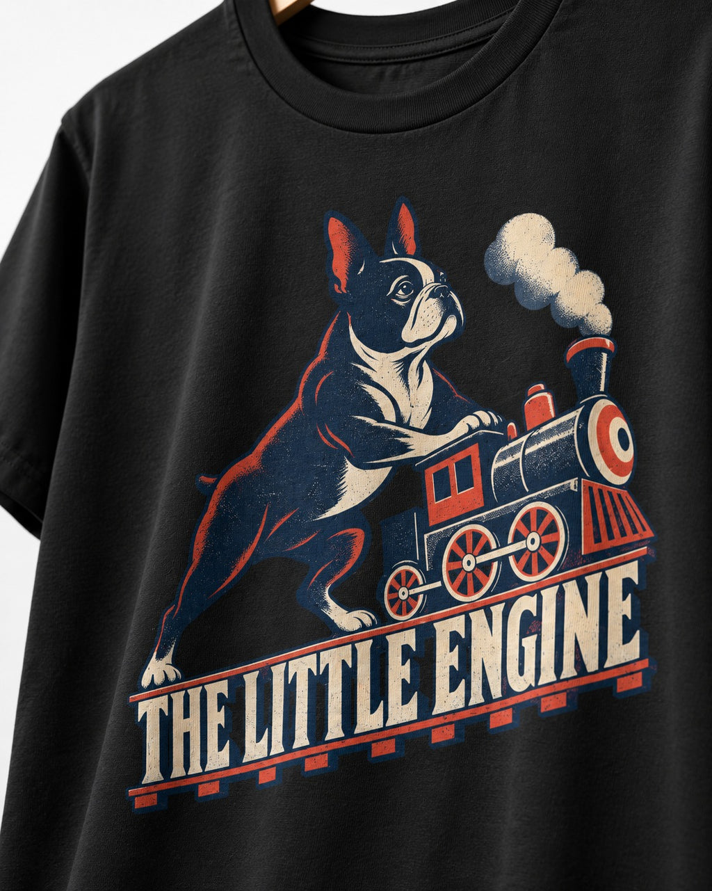 Boston Terrier The Little Engine T-Shirt in Black, close-up of the graphic