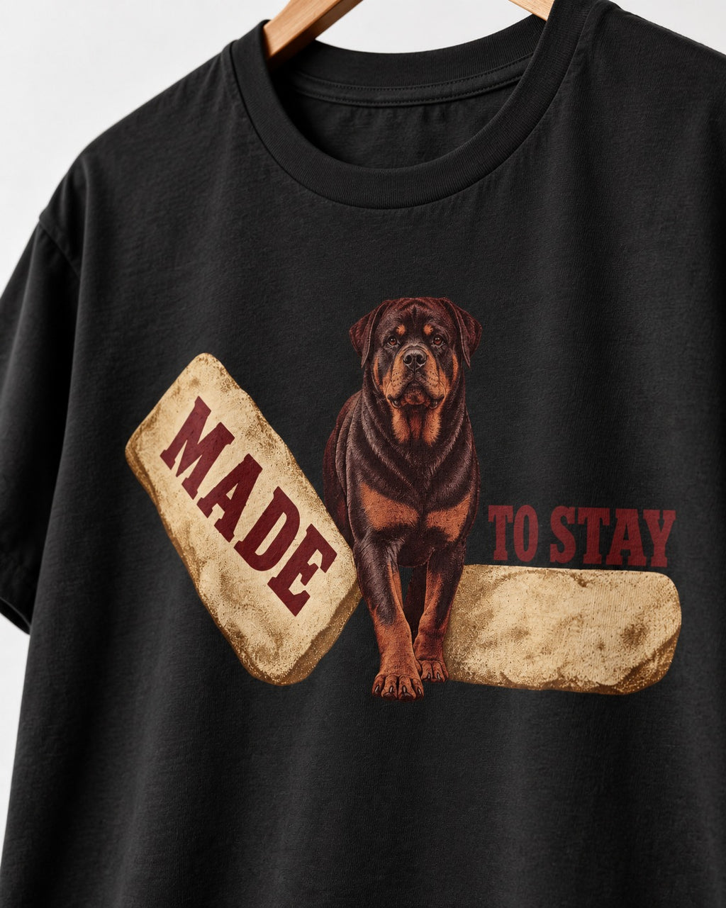 Rottweiler Made to Stay Stepping Stone Graphic T-Shirt in Black, close-up of the graphic