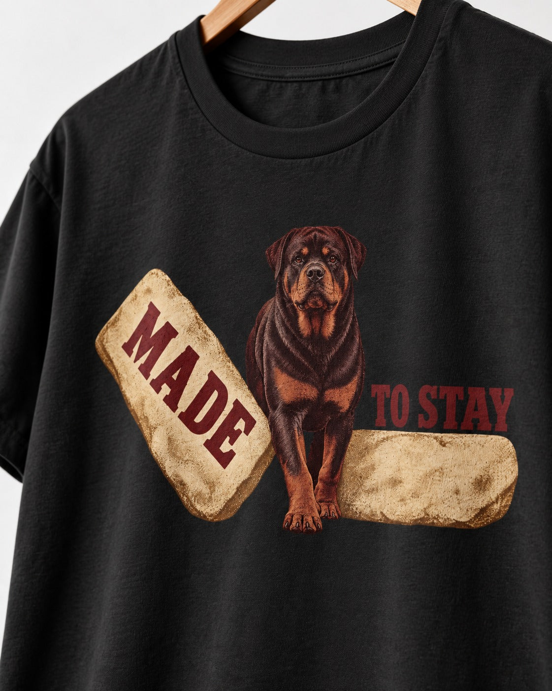 Rottweiler Made to Stay Stepping Stone Graphic T-Shirt in Black, close-up of the graphic