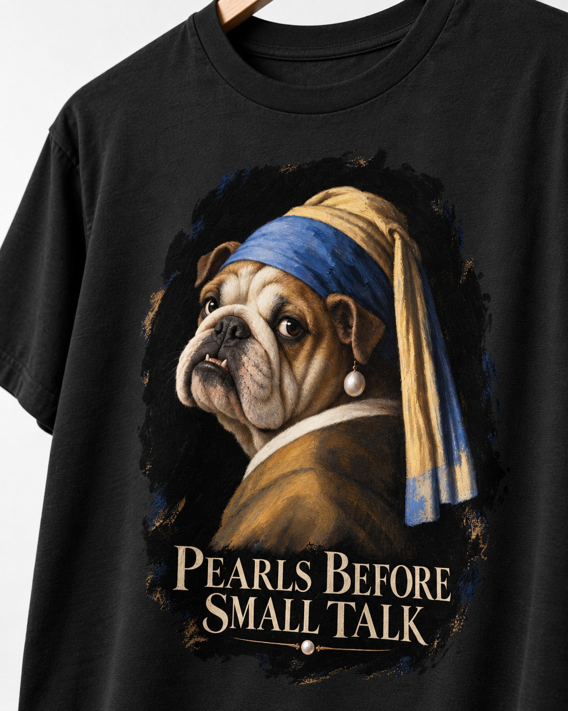 English Bulldog Pearls Before Small Talk Portrait T-Shirt in Black, close-up of the graphic