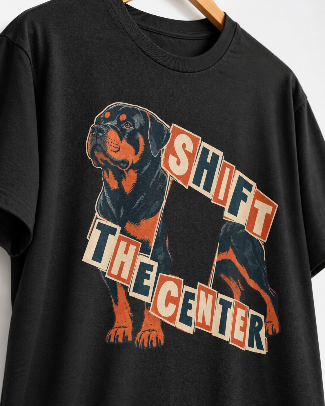 Rottweiler Shift the Center Cutout Letter Graphic T-Shirt in Black, close-up of the graphic