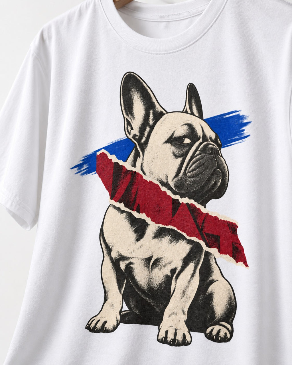 Frenchie Punk T-Shirt in White, close-up of the graphic
