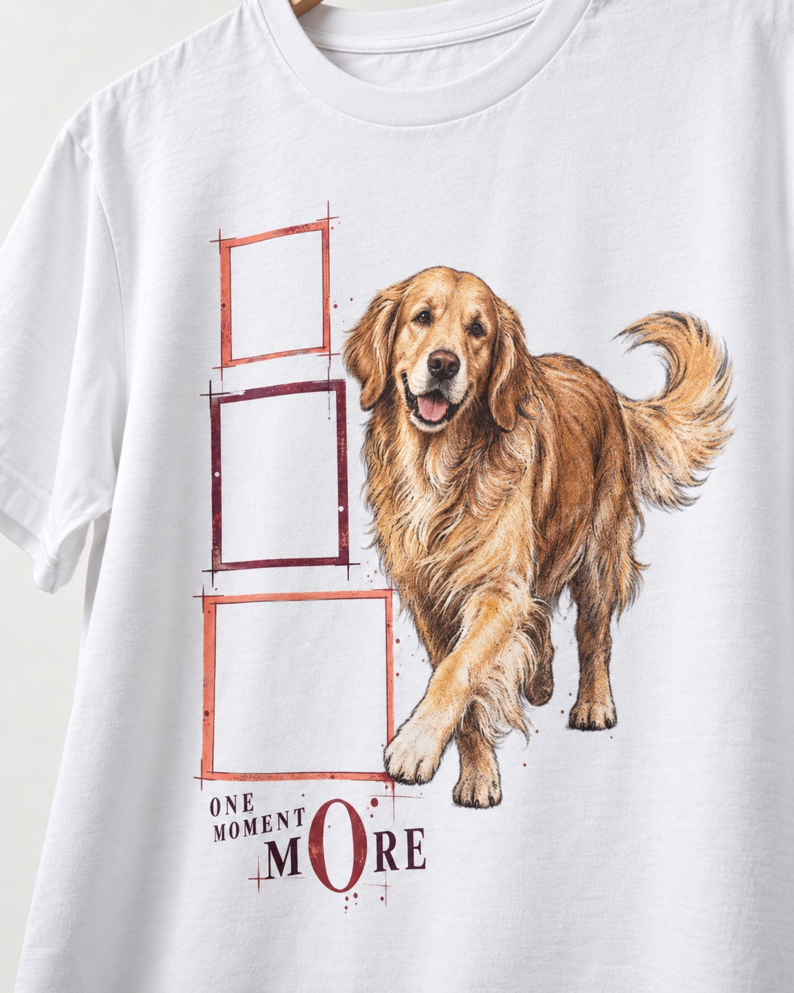 Golden Retriever One Moment More T-Shirt in White, close-up of the graphic