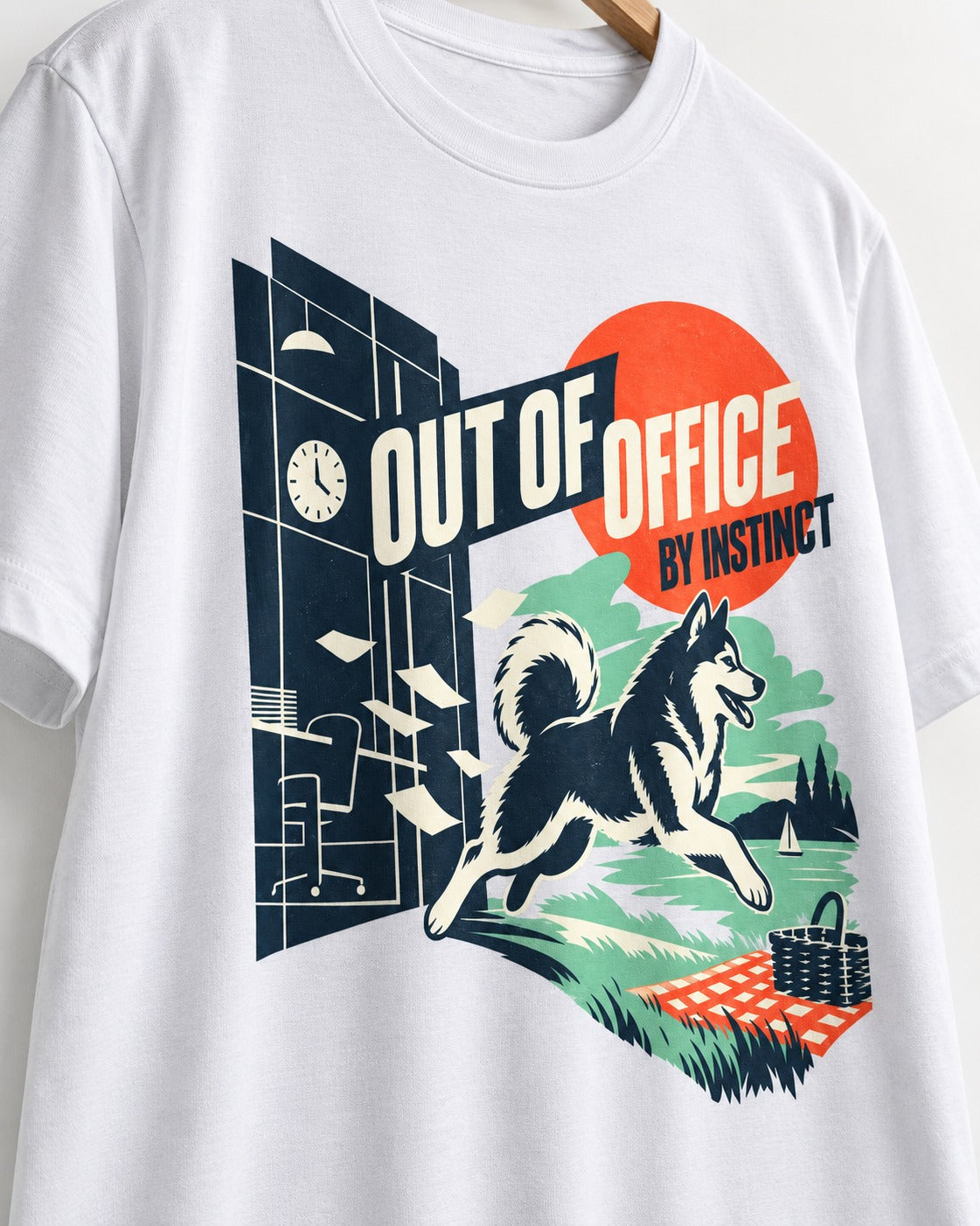 Husky Out of Office T-Shirt in White, close-up of the graphic
