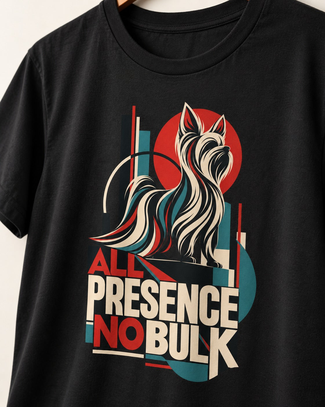 Yorkshire Terrier All Presence No Bulk Geometric Portrait Graphic T-Shirt in Black, close-up of the graphic
