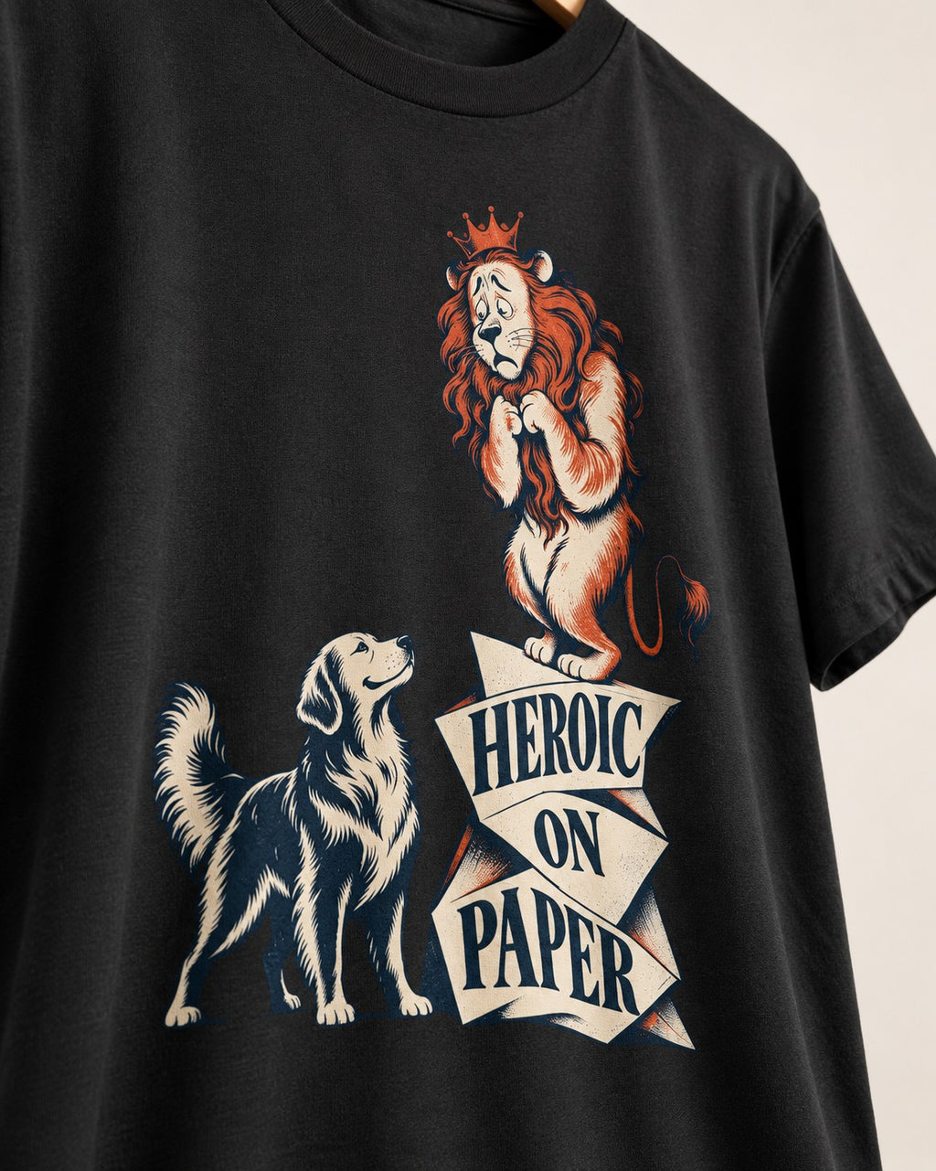 Golden Retriever Heroic on Paper Lion Graphic T-Shirt in Black, close-up of the graphic