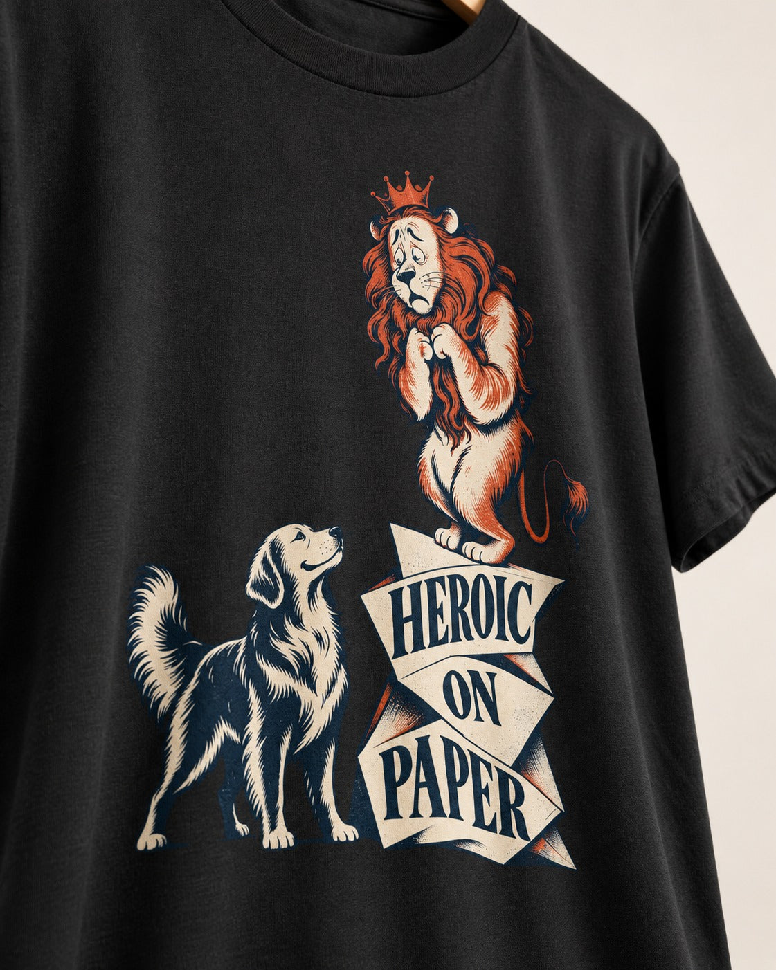 Golden Retriever Heroic on Paper Lion Graphic T-Shirt in Black, close-up of the graphic