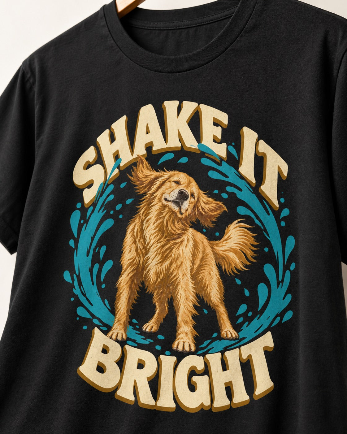 Golden Retriever Shake It Bright Water Ring Graphic T-Shirt in Black, close-up of the graphic