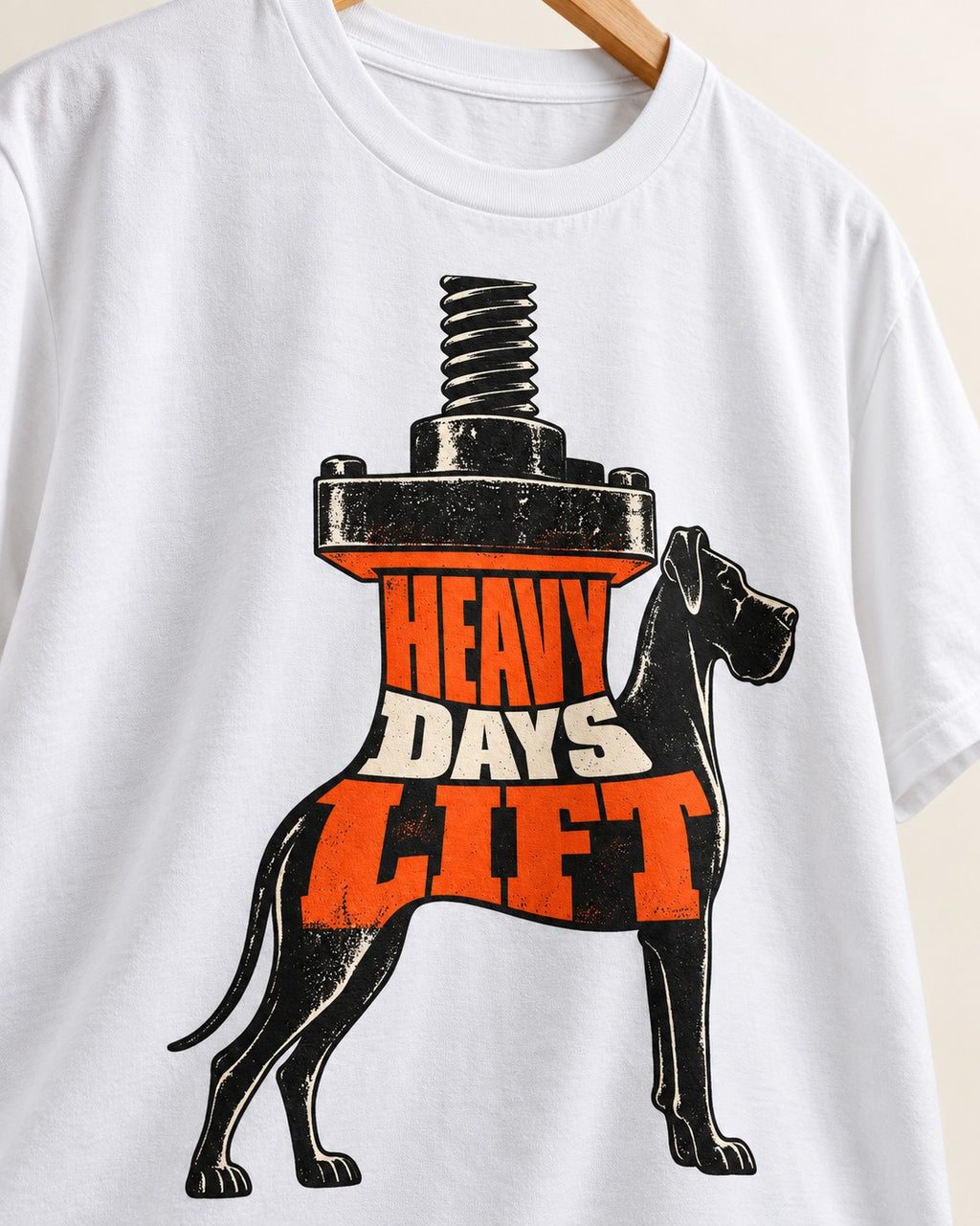 Great Dane Heavy Days Lift T-Shirt in White, close-up of the graphic