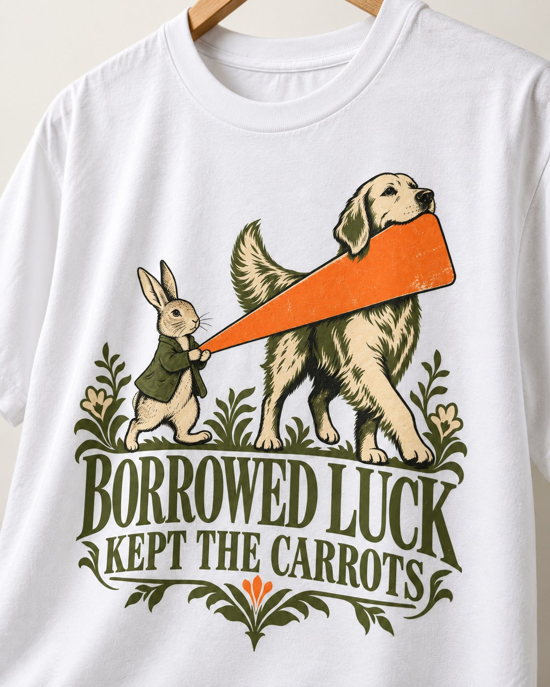 Borrowed Luck Golden Retriever T-Shirt in White, close-up of the graphic