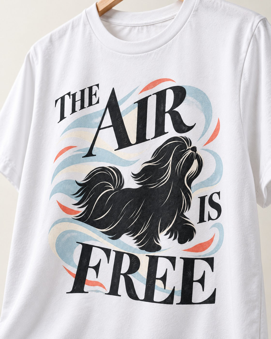 The Air Is Free Shih Tzu T-Shirt in White, close-up of the graphic