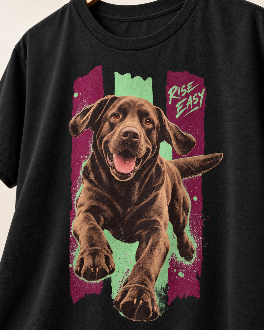 Labrador Retriever Rise Easy Running Chocolate Lab Graphic T-Shirt in Black, close-up of the graphic