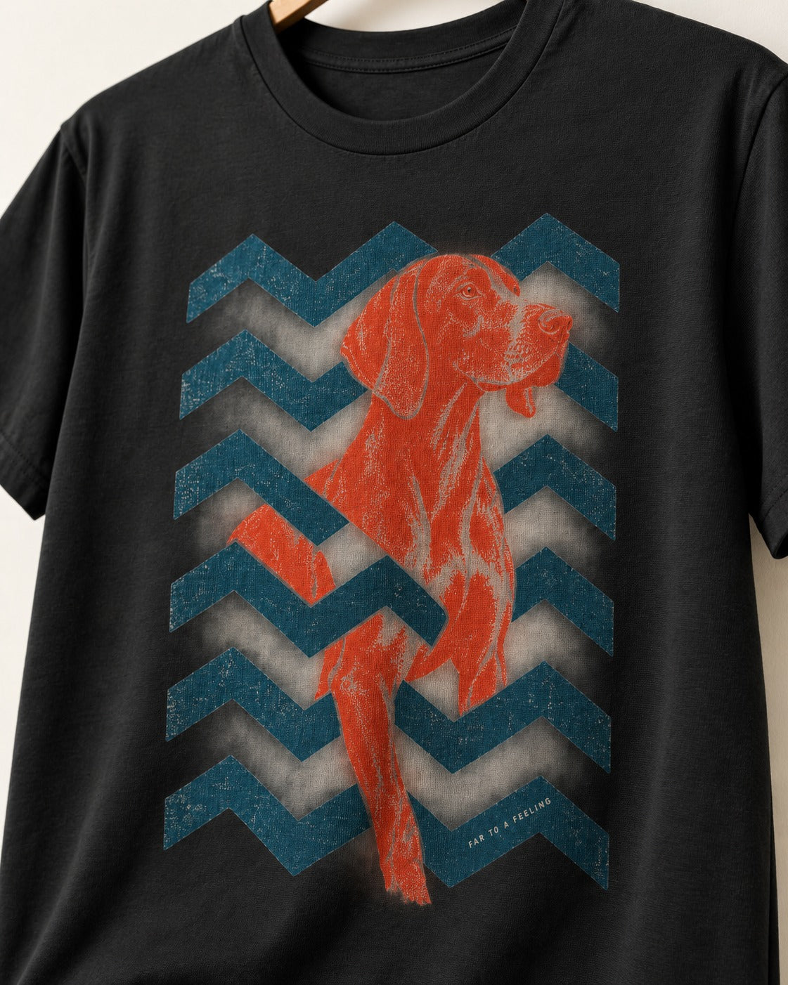 German Shorthaired Pointer Far Is a Feeling Chevron Graphic T-Shirt in Black, close-up of the graphic
