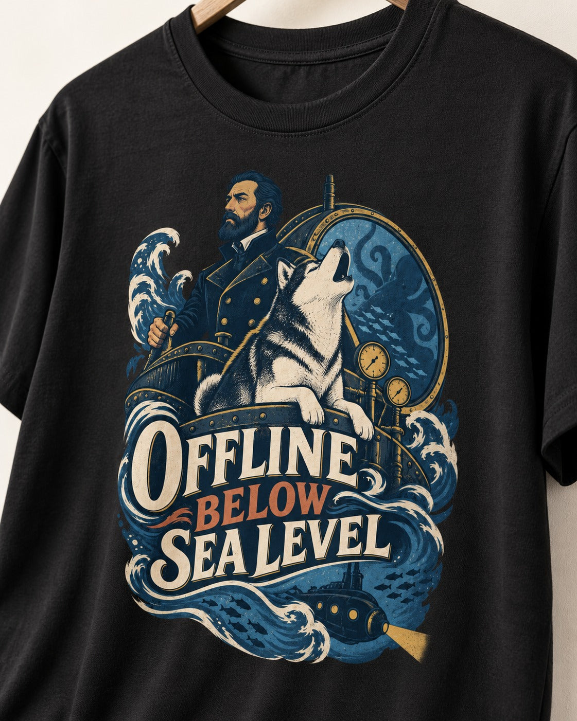 Husky Offline Below Sea Level Nautical Submarine Graphic T-Shirt in Black, close-up of the graphic