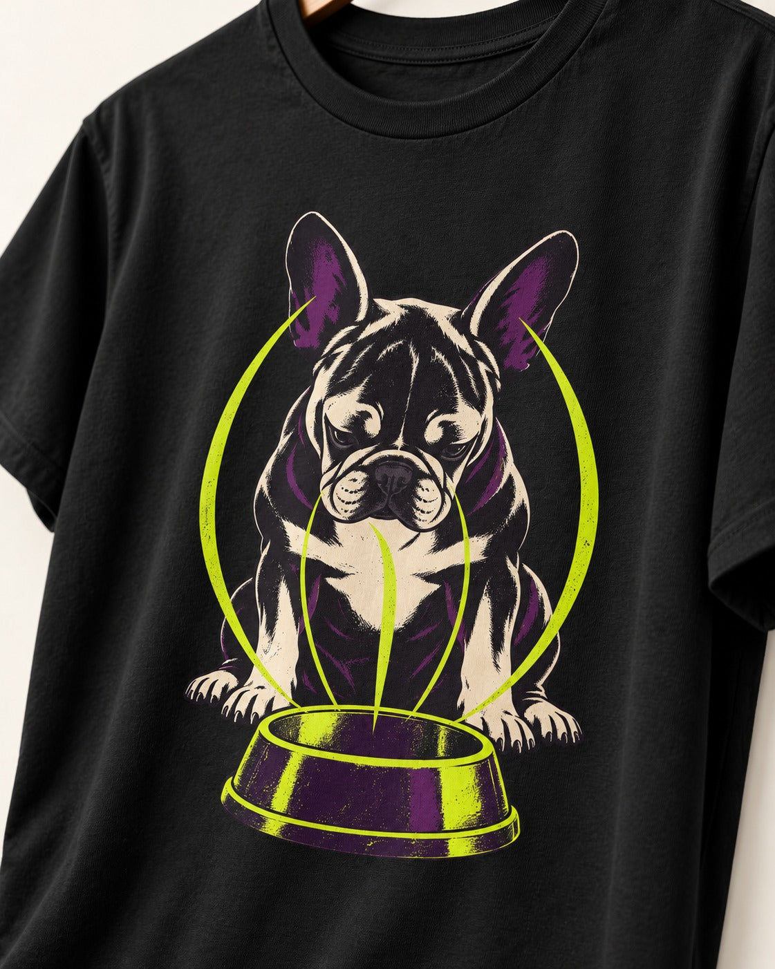 Frenchie Bowl Gravity Graphic T-Shirt in Black, close-up of the graphic