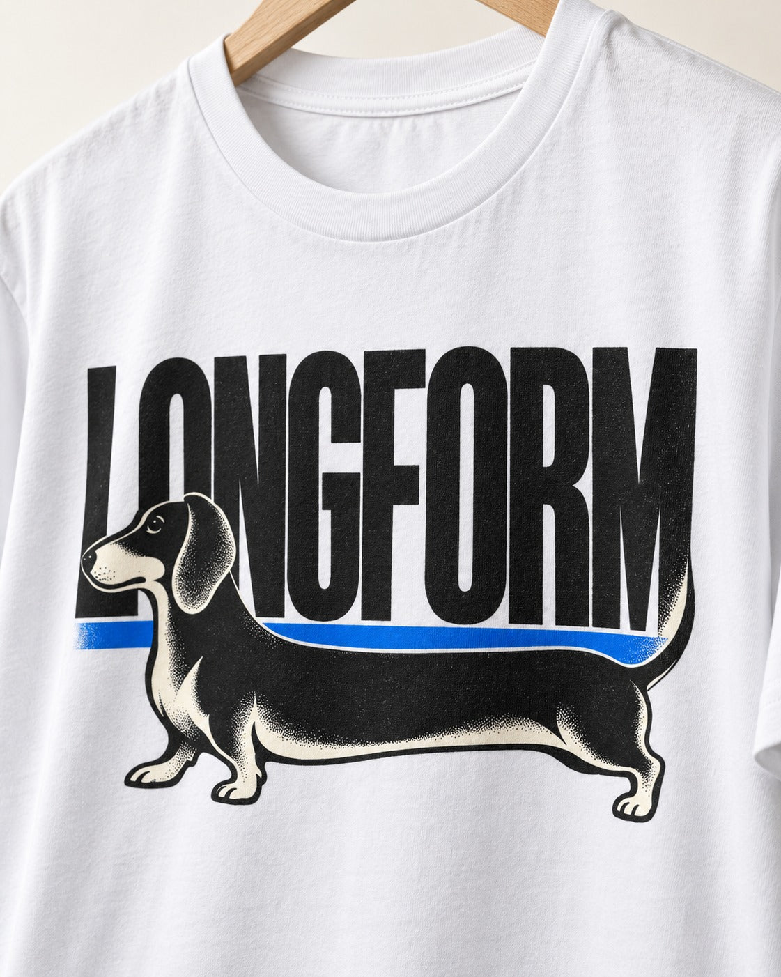 Longform Dachshund T-Shirt in White, close-up of the graphic