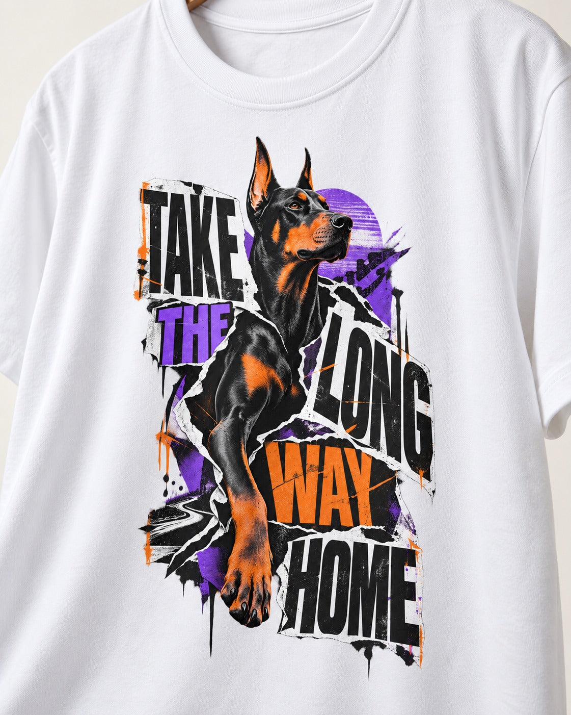 Doberman Long Way Home T-Shirt in White, close-up of the graphic