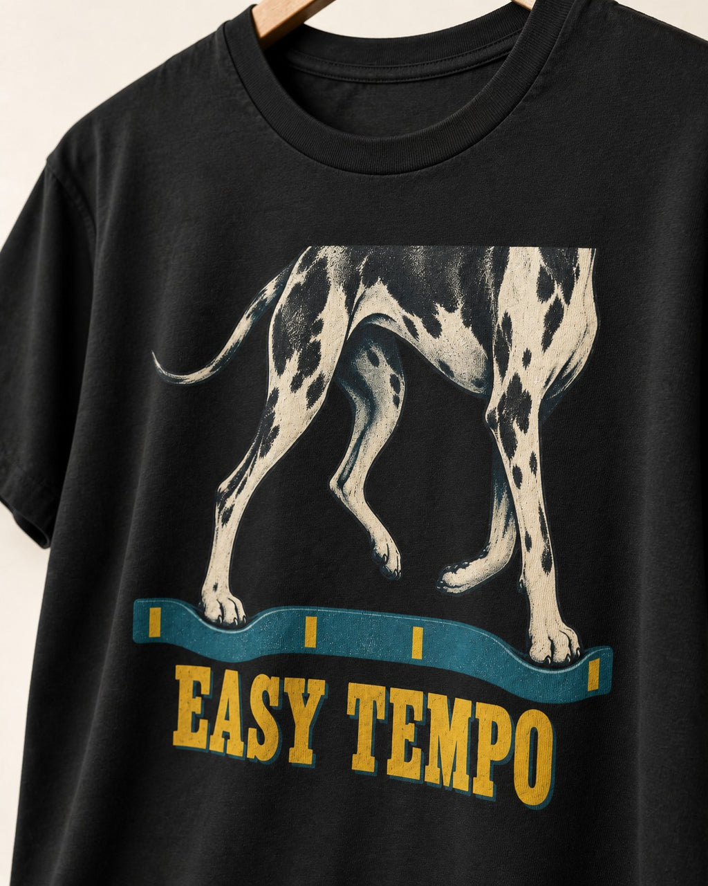 Great Dane Easy Tempo Elastic Band Legs Graphic T-Shirt in Black, close-up of the graphic