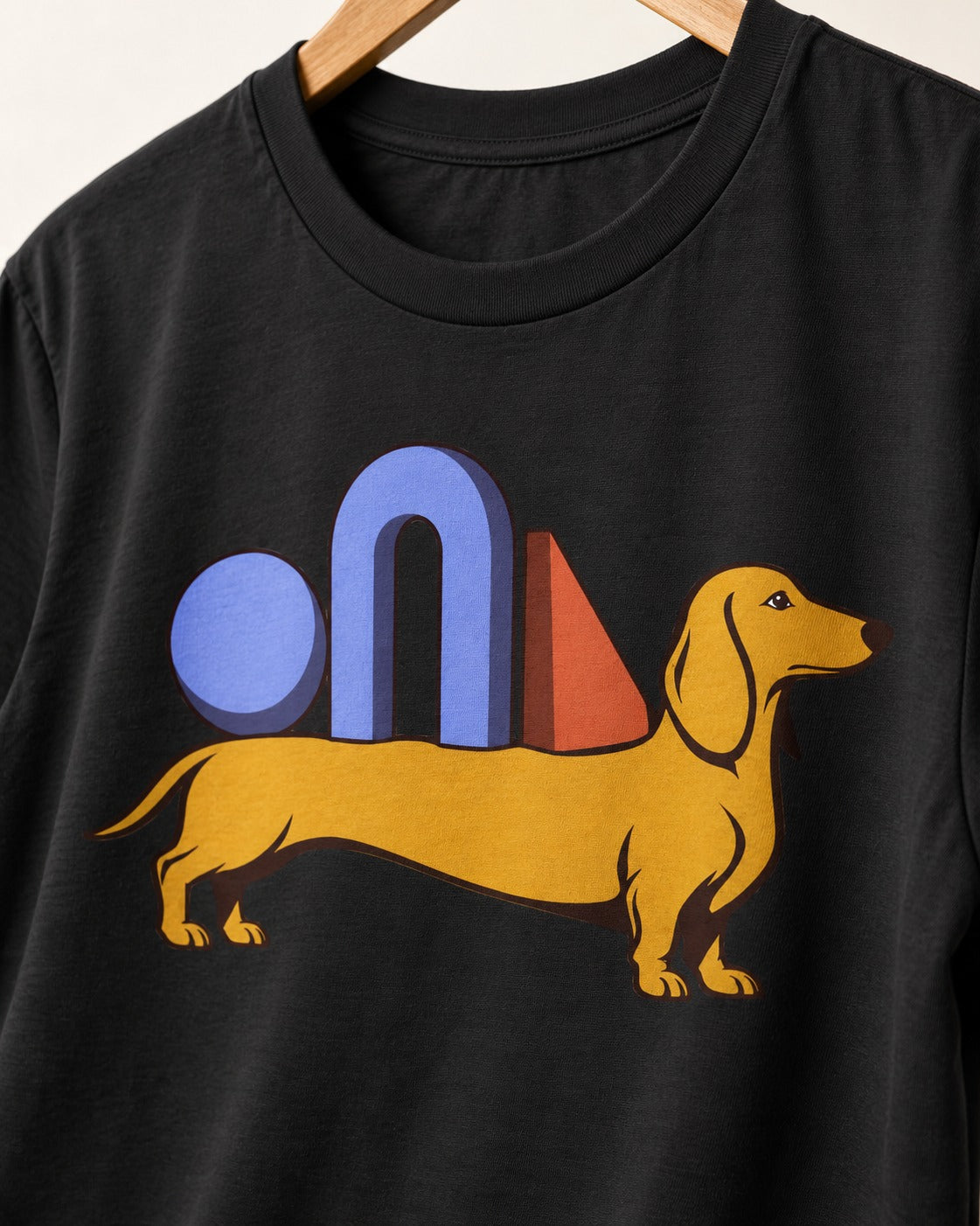 Dachshund Daydream T-Shirt in Black, close-up of the graphic