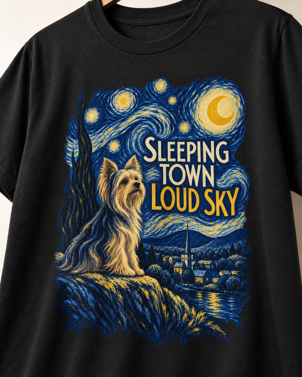 Yorkshire Terrier Sleeping Town Loud Sky Starry Night Graphic T-Shirt in Black, close-up of the graphic