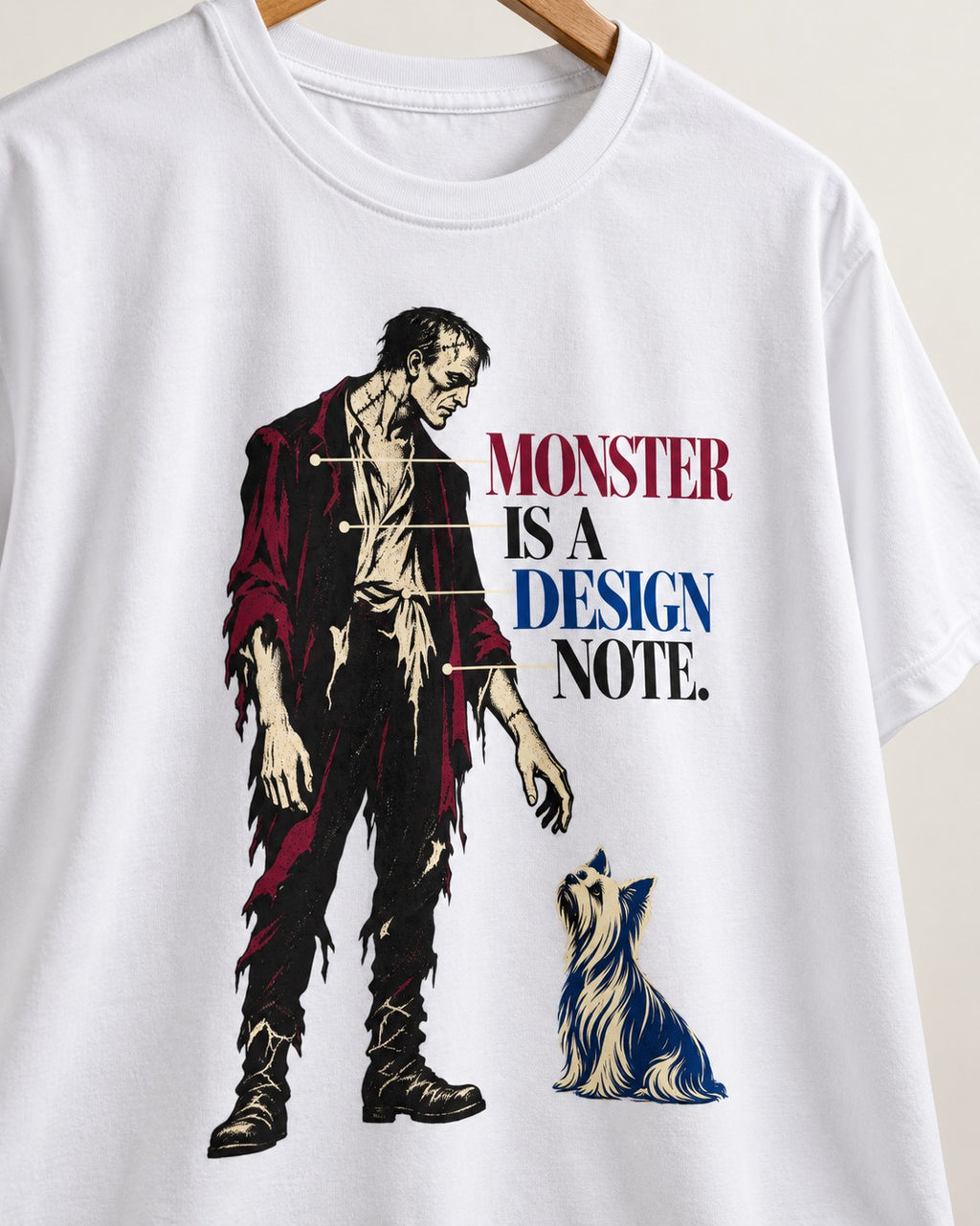 Yorkshire Terrier Monster T-Shirt in White, close-up of the graphic