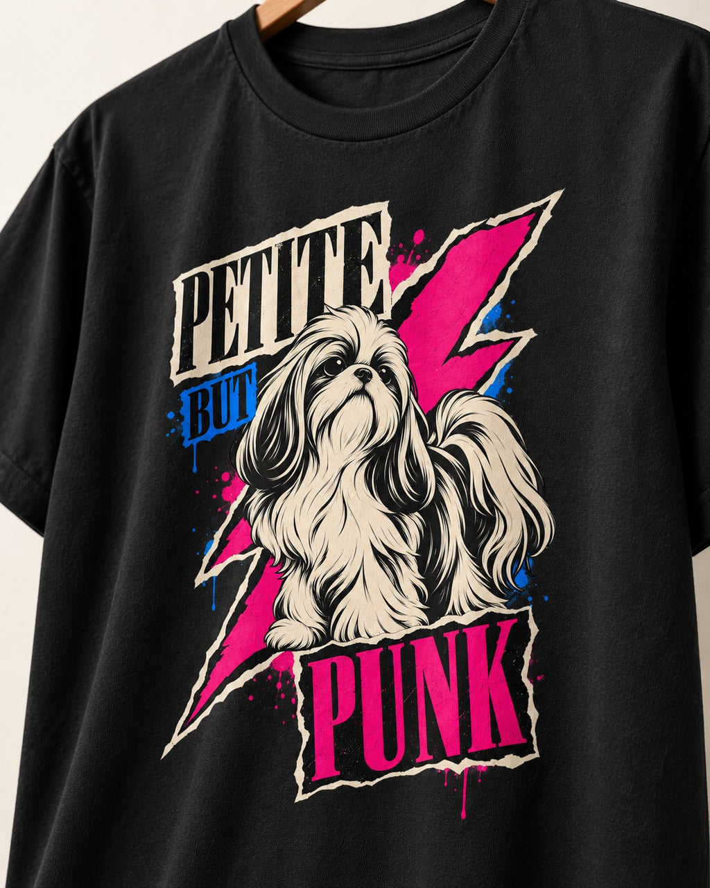 Shih Tzu Petite but Punk Lightning Graphic T-Shirt in Black, close-up of the graphic