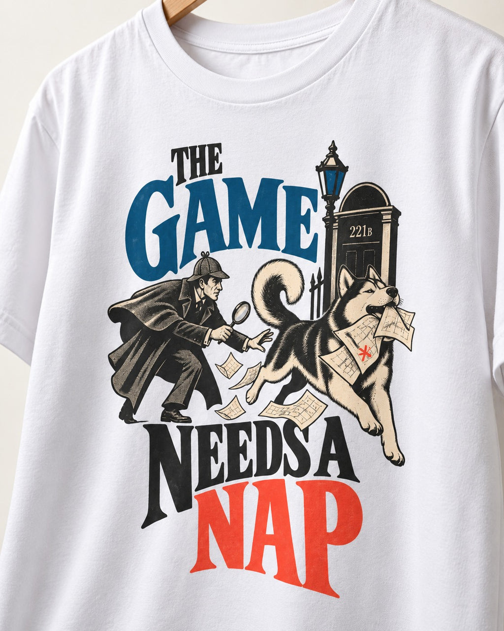 Husky Needs a Nap T-Shirt in White, close-up of the graphic