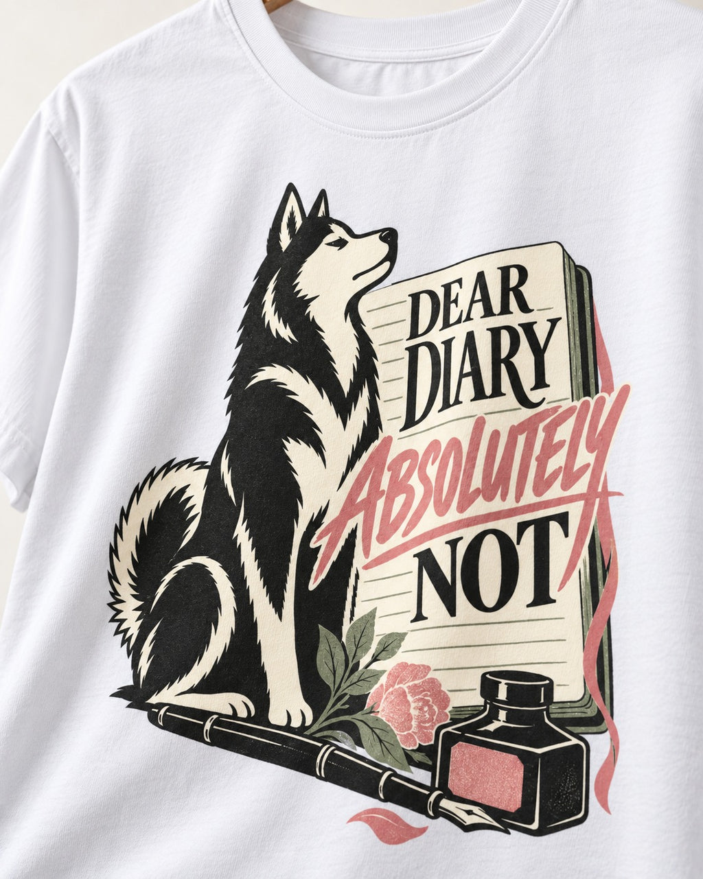 Husky Absolutely Not T-Shirt in White, close-up of the graphic