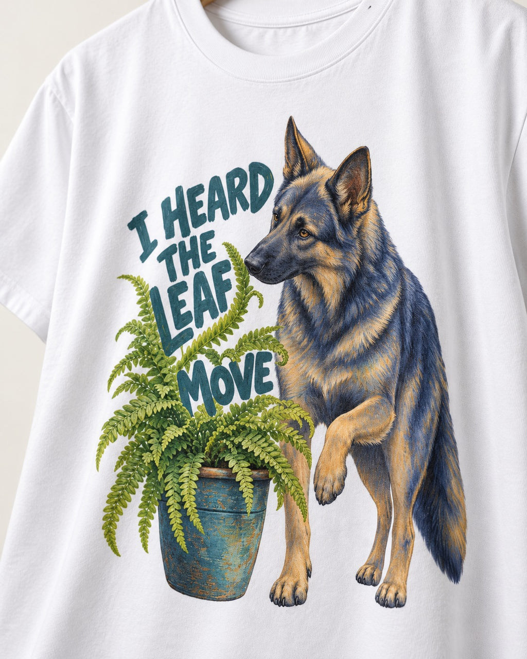 German Shepherd Dog Heard the Leaf Move T-Shirt in White, close-up of the graphic