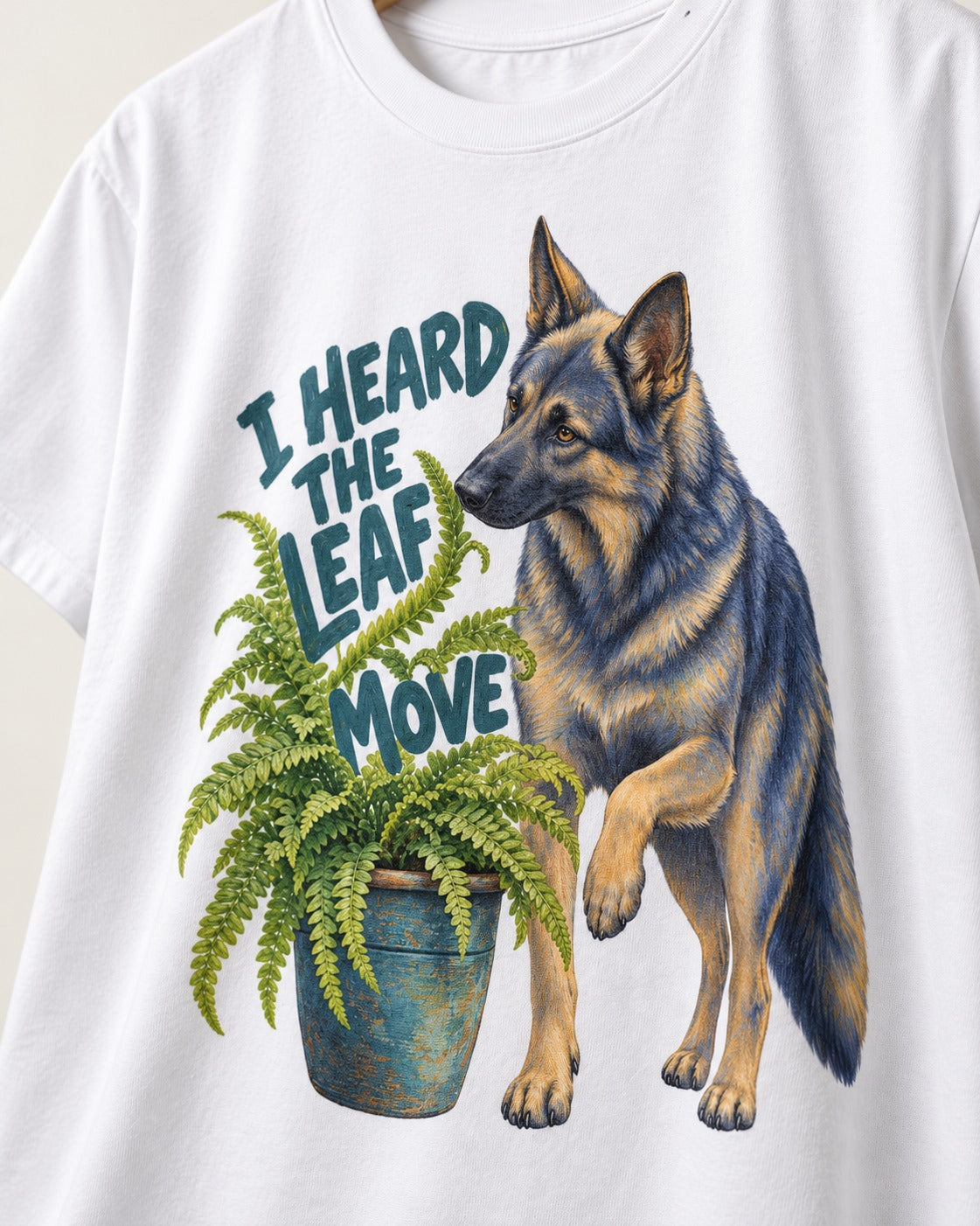 German Shepherd Dog Heard the Leaf Move T-Shirt in White, close-up of the graphic