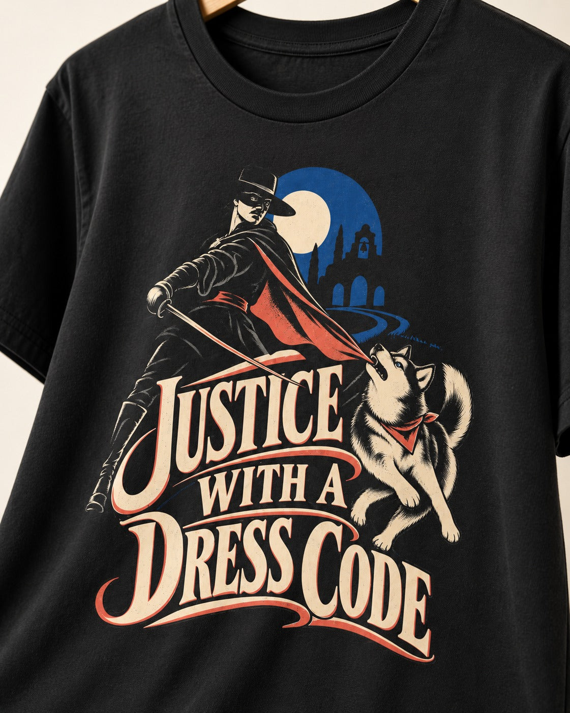 Husky Justice With A Dress Code Masked Swordsman Graphic T-Shirt in Black, close-up of the graphic