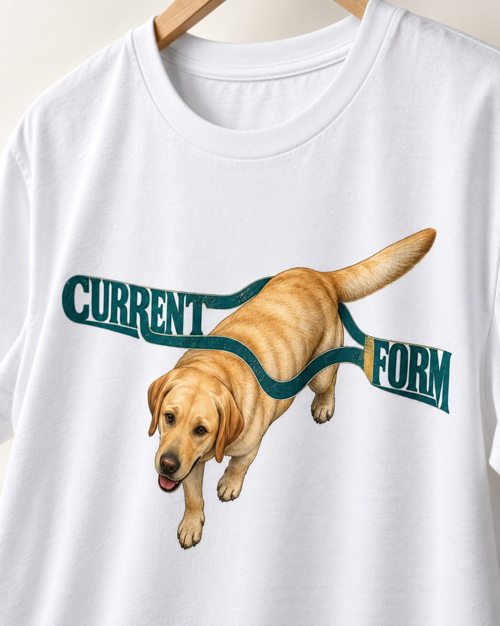 Labrador Retriever Current Form T-Shirt in White, close-up of the graphic