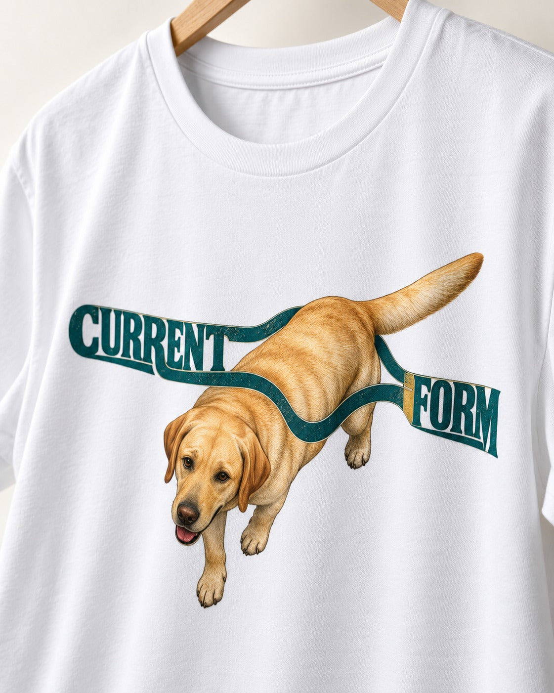 Labrador Retriever Current Form T-Shirt in White, close-up of the graphic
