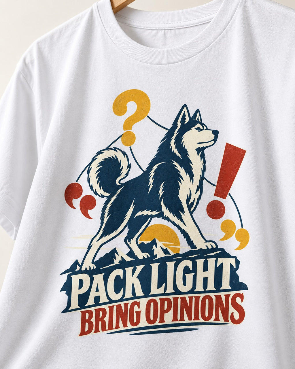 Husky Pack Light Bring Opinions T-Shirt in White, close-up of the graphic