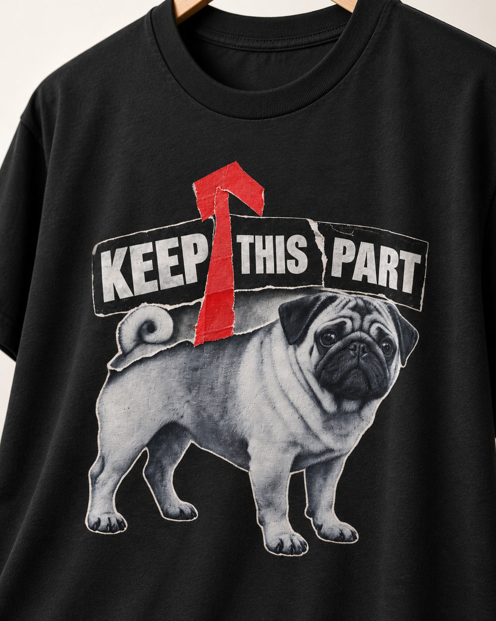 Pug Keep This Part Tape Arrow Graphic T-Shirt in Black, close-up of the graphic