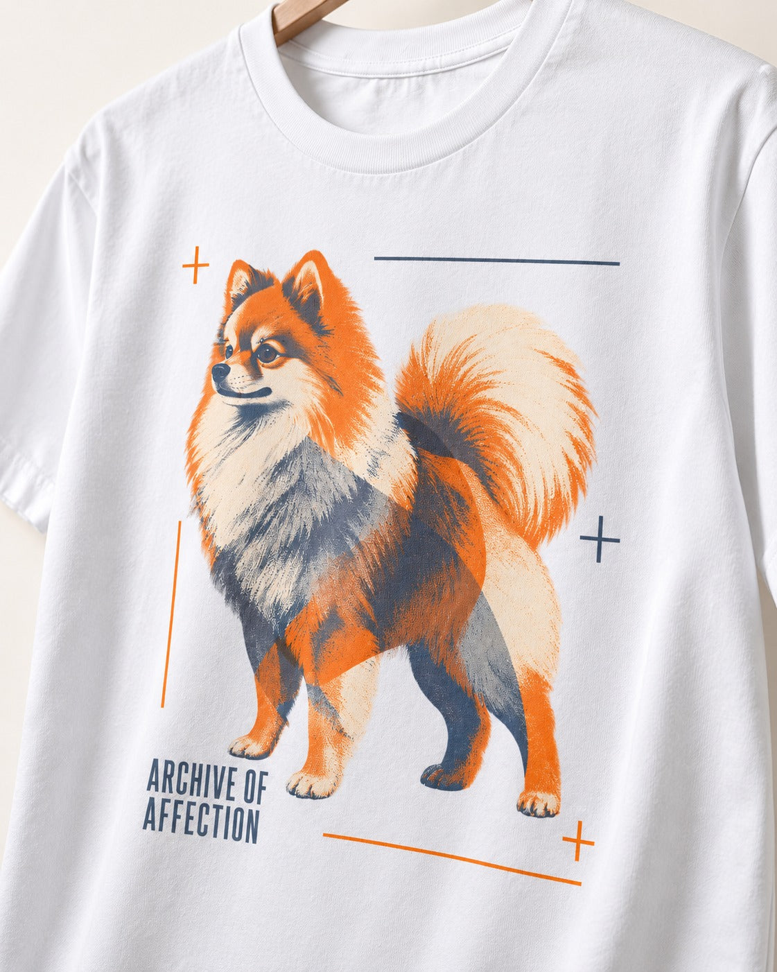 Pomeranian Archive of Affection T-Shirt in White, close-up of the graphic