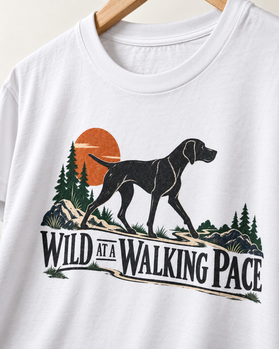 Wild at a Walk German Shorthaired Pointer T-Shirt in White, close-up of the graphic