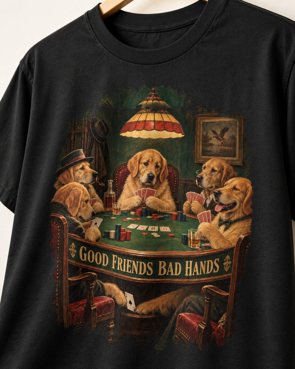Good Friends Bad Hands Poker Golden Retriever Graphic T-Shirt in Black, close-up of the graphic