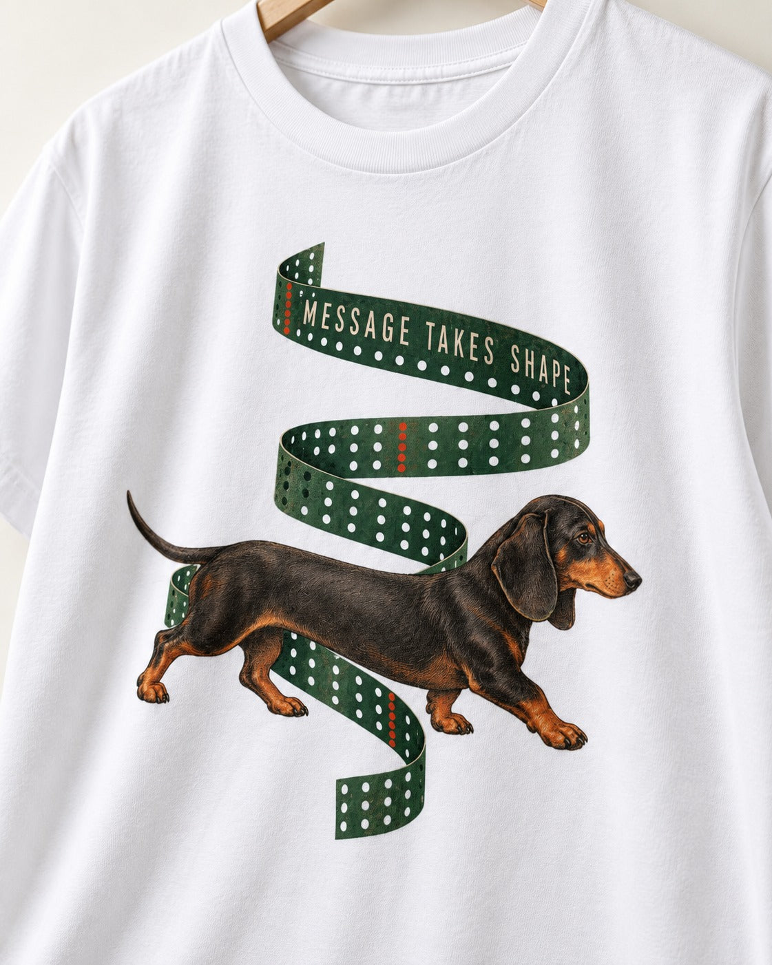 Dachshund Message Takes Shape T-Shirt in White, close-up of the graphic
