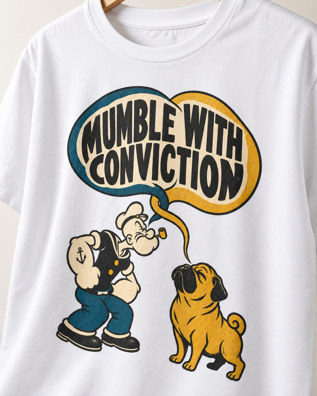 Pug Mumble with Conviction T-Shirt in White, close-up of the graphic